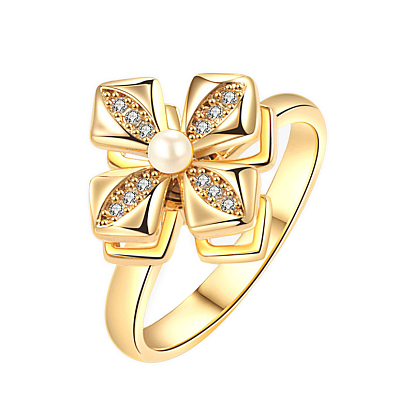 Flower Rotatable Open Cuff Rings for Women, Brass Micro Pave Cubic Zirconia Fidget Spinner Rings, with Plastic Beads