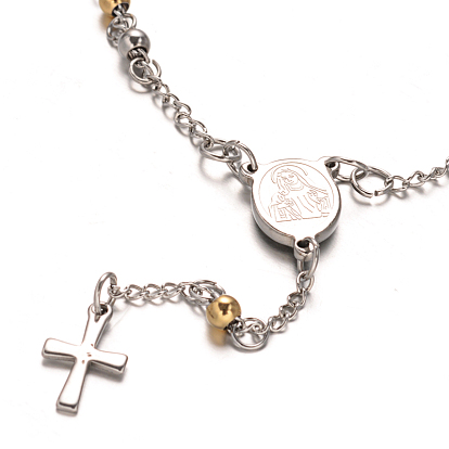 Rosary Bead Bracelets with Cross, 304 Stainless Steel Bracelet for Easter, Oval with Virgin Mary, 9 inch(230mm)