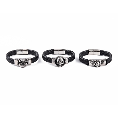 Мужские плетеные черные браслеты из искусственной кожи, череп 304 браслеты со звеньями из нержавеющей стали и магнитными застежками