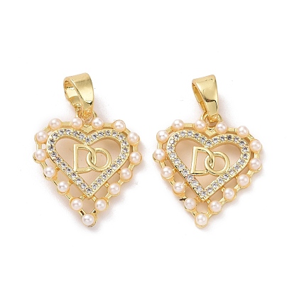 Heart Brass Micro Pave Clear Cubic Zirconia Pendants, with Acrylic Imitation Pearl, Cadmium Free & Lead Free