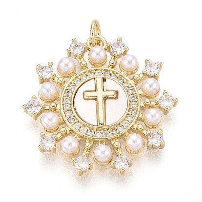 Латунные микропаве прозрачные подвески с фианитом, без кадмия и без свинца, плоский круглый крест, с ракушкой и имитацией жемчуга из АБС, с целью перехода в кольце