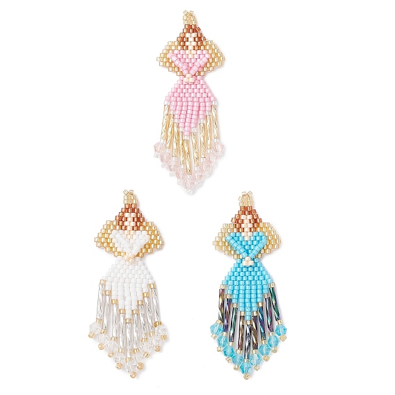 3Pcs 3 Colors Glass Seed Beaded Angel Pendants, with Glass & Tassels