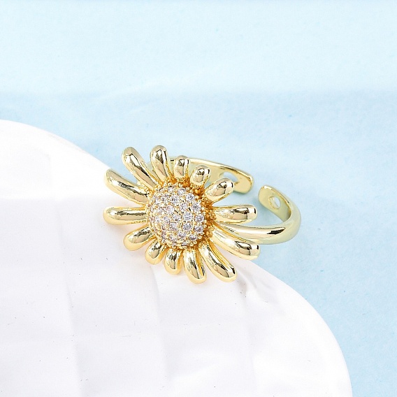 Латунные кольца-манжеты с микропаве и прозрачным цирконием для женщин, подсолнечник, стойки покрытие, без кадмия и без свинца, долговечный