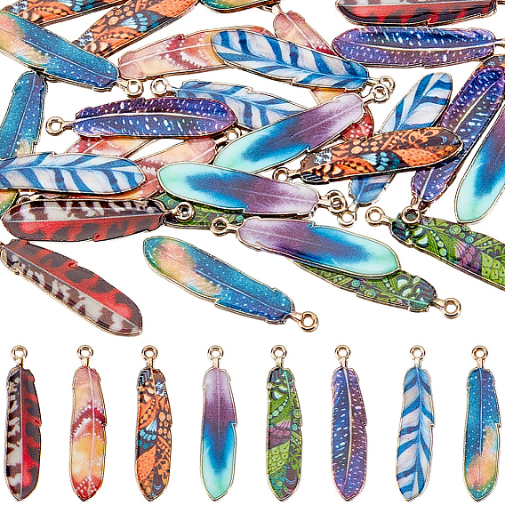 32Pcs 8 Colors Alloy Enamel Pendants, Golden, Feather Charms