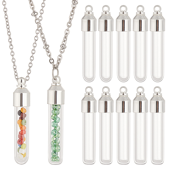 12Pcs 2 Style Clear Glass Tube Wish Bottle Pendants, with Alloy Cap and Rubber