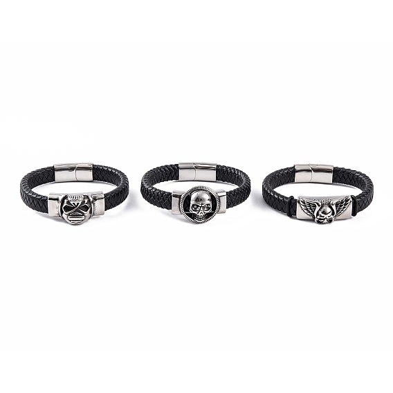 Мужские плетеные черные браслеты из искусственной кожи, череп 304 браслеты со звеньями из нержавеющей стали и магнитными застежками