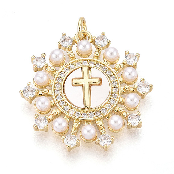 Латунные микропаве прозрачные подвески с фианитом, без кадмия и без свинца, плоский круглый крест, с ракушкой и имитацией жемчуга из АБС, с целью перехода в кольце