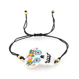 Friendship Skull Loom Pattern Seed Beads Bracelets for Women, Adjustable Nylon Cord Braided Bead Bracelets