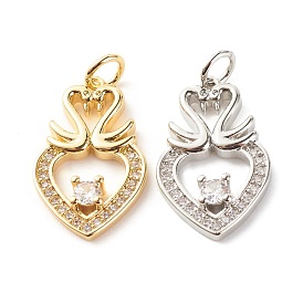 Brass Micro Pave Clear Cubic Zirconia Pendants, Cadmium Free & Lead Free, Heart with Double Swans