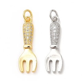 Rack Plating Brass Micro Pave Cubic Zirconia Tableware Pendants, Cadmium Free & Lead Free, Fork Charm, with Jump Ring