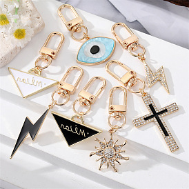 Sparkling Alloy Sunflower Lightning Cross Blue Eye Keychain with Mysterious Text for Bags