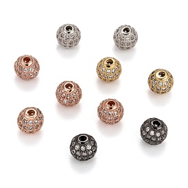 Brass Cubic Zirconia Beads, Round, 8x8mm, Hole: 1.5mm
