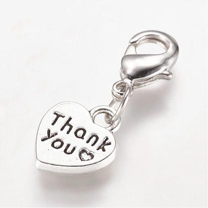 Alloy Pendant, with Brass Lobster Claw Clasps, Heart with Word Thank You