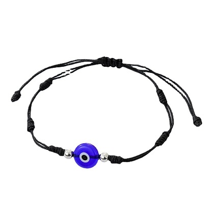 Vintage Blue Evil Eye Black Cord Bracelet - Handmade Woven Drawstring Bangle
