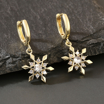 Brass Micro Pave Cubic Zirconia Snowflake Hoop Dangle Earrings for Women