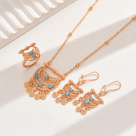 Комплект из серег, ожерелий и колец в стиле бохо-этнического стиля с кисточками из латуни и кубического циркония в виде луны для женщин