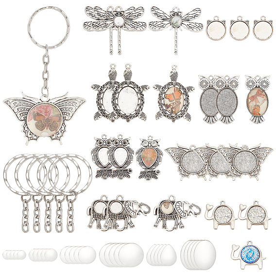 Набор для изготовления брелка своими руками, в том числе железные кольца для ключей, Сеттинги для кулона(кабошонов), сплав, Кабошоны из стекла, бабочка, стрекоза, сова, черепаха и слон