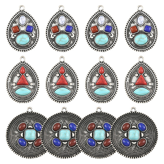 12Pcs 3 Styles Alloy with Dyed Synthetic Turquoise Pendants, Flat Round and Teardrop Charms, Mixed Color