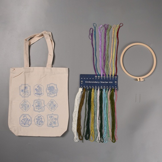 DIY Canvas Tote Bag Flower Embroidery Making Kit, including Steel Needles, Plastic Embroidery Hoop & Polycotton Thread, Instruction Sheet