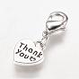 Alloy Pendant, with Brass Lobster Claw Clasps, Heart with Word Thank You