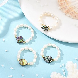 Adjustable Natural Abalone Shell/Paua Shell Finger Rings, with Natural Cultured Freshwater Pearl Beads and Rack Plating Brass Spacer Beads