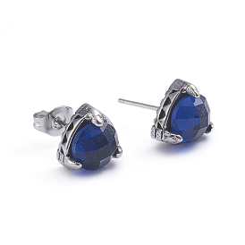 Retro 304 Stainless Steel Stud Earrings, with Cubic Zirconia and Ear Nuts, Triangle, Blue