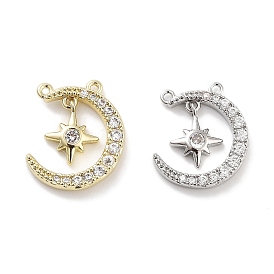 Brass Micro Pave Clear Cubic Zirconia Pendants, Moon & Star Charms