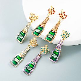 Creative design alloy inlaid pearl and diamond oil drop wine bottle earrings - European and American fashion.
