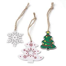 3Pcs 3 Styles Printed Wood Pendant Decoration, Jute Cord Christmas Party Hanging Ornaments, Snowflake & Christmas Tree