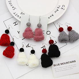 Cute Knitted Christmas Hat Earrings with Long Plush Balls for Women