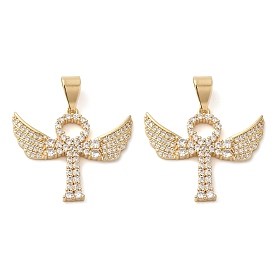 Brass Micro Pave Cubic Zirconia Pendants, Long-Lasting Plated, Wing Charm