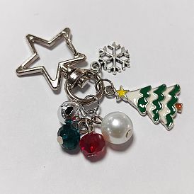 Adornos colgantes de aleación de esmalte y vidrio con temática navideña, Con campana de latón y cierres de langosta giratorios de aleación con forma de corazón