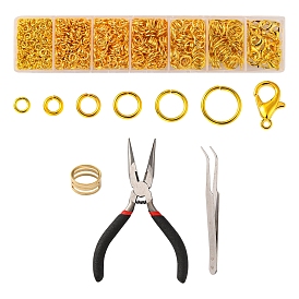 DIY Jewelry Making Finding Kit, Including Brass Jump Rings, Zinc Alloy Lobster Claw Clasps, Tweezers, Brass Rings, Pliers