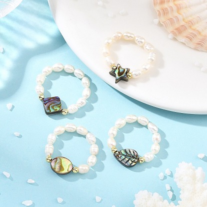 Adjustable Natural Abalone Shell/Paua Shell Finger Rings, with Natural Cultured Freshwater Pearl Beads and Rack Plating Brass Spacer Beads