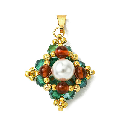 Подвески в форме ромба из стеклянного бисера, с натуральными бусинами из сердолика и бусинами из ракушечного жемчуга