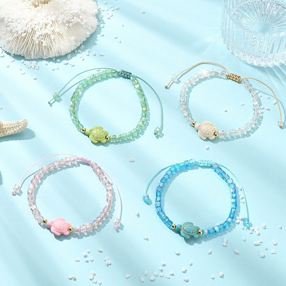 Pulseras de cuentas de turquesa sintética teñida y vidrio chapado en color AB, Joyería ajustable de hilo de nailon trenzado para mujer, tortugas marinas