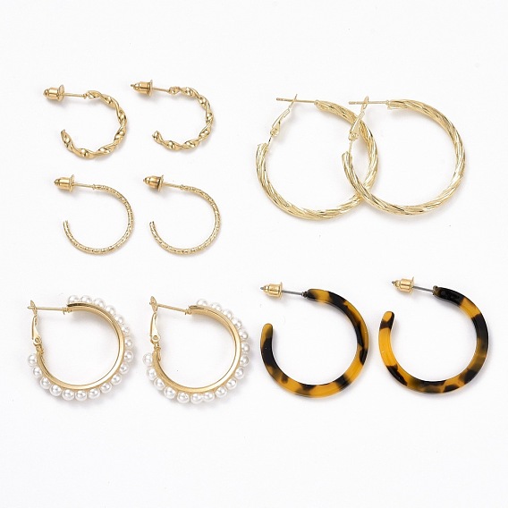 Ring Shape Stud Earrings Set, Imitation Pearl Beads Half Hoop Earrings, Open Hoop Earrings for Women