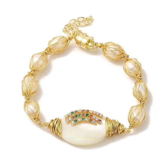 Oval Natural Pearl & Shell Link Bracelet with Colorful Rhinestone, Brass Wire Wrapped Bracelet with Magnetic Clasps