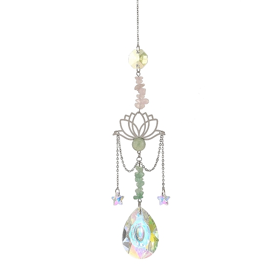 304 Atrapasueños de acero inoxidable con forma de loto y lágrima de cristal, con virutas de cuarzo rosa natural y aventurina verde., Prisma colgante para ventana para decoración del hogar y el jardín.
