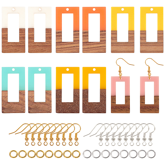 DIY Dangle Earring Making Kits, Including Resin & Wood Pendants, Brass Earring Hooks & Jump Rings, Rectangle
