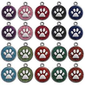 20Pcs 10 Colors Enamel Charms, with Platinum Plated Alloy Findings and Glitter Powder, Flat Round with Dog Paw Prints