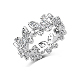 Clear Cubic Zirconia Butterfly Finger Rings, Rhodium Plated 925 Sterling Silver Ring for Women