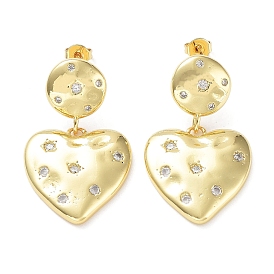 Rack Plating Brass with Cubic Zirconia Heart Dangle Stud Earrings, Long-Lasting Plated, Lead Free & Cadmium Free