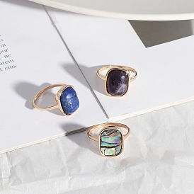 Natural Stone Rectangle Inlaid Alloy Texture Fashion Abalone Shell Ring Women