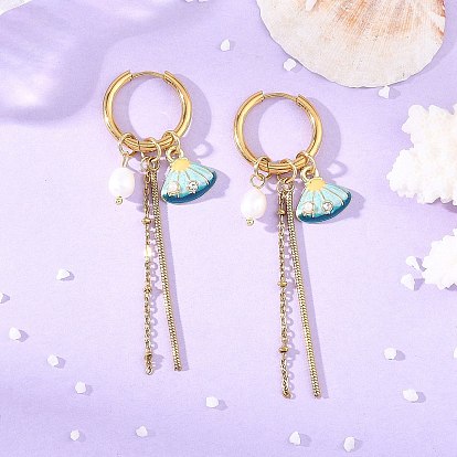 Alloy Rhinestone Hoop Earrings, Shell Shape, with Enamel, Natural Freshwater Pearl & 201 Stainless Steel Snake Chain Dangle Earrings