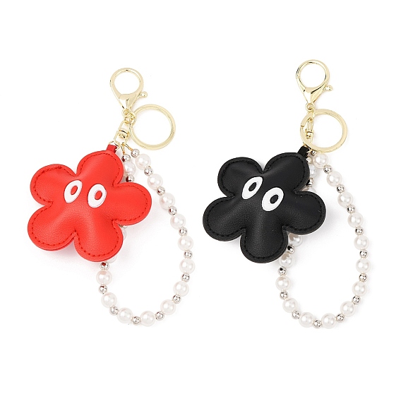 Брелки с подвеской из искусственной кожи с цветком, с пластиковой жемчужной бусиной и карабинами из железного сплава