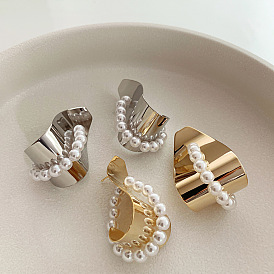 Metal texture folding personality earrings s925 silver needle temperament pearl circle earrings