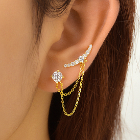 Pendientes de plata de ley con circonitas cúbicas transparentes de moda, plano y redondo con dije de cadena