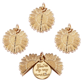 Brass Micro Pave Clear Cubic Zirconia Openable Pendants, Long-Lasting Plated, Flower with Word You're My Ray of Sunshine
