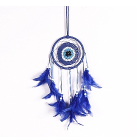 Evil Eye Woven Web/Net with Feather Wall Hanging Decorations, with Iron Ring, for Home Bedroom Decorations